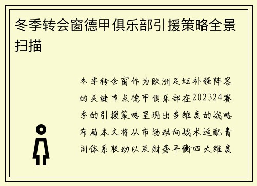冬季转会窗德甲俱乐部引援策略全景扫描