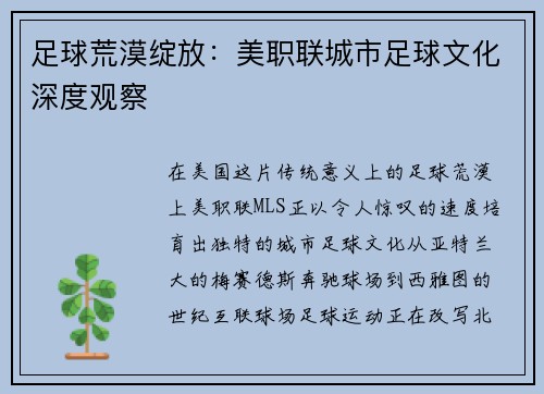 足球荒漠绽放：美职联城市足球文化深度观察